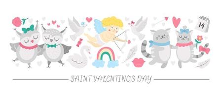 Conjunto horizontal vectorial con personajes y elementos planos del día de San Valentín. diseño de plantilla de tarjeta con cupido, animales divertidos, corazones, flores. linda frontera de vacaciones de amor de febrero. vector