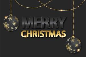 fondo de navidad con brillante copo de nieve y bola. ilustración de tarjeta de feliz navidad sobre fondo negro con bola realista. vector