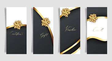 Set of luxury black cards with gold gift bows with ribbons.