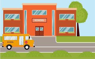 School building in cartoon style. Modern school, in the background of the street, with a bus and a front yard. Vector illustration