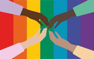 Variety of hands connect on rainbow background. LGBTQ concept. . Vector illustration