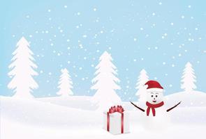 winter background with snowman and squares, falling snowflakes on blue background vector