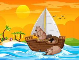 Ocean scene with beavers on a sailboat vector