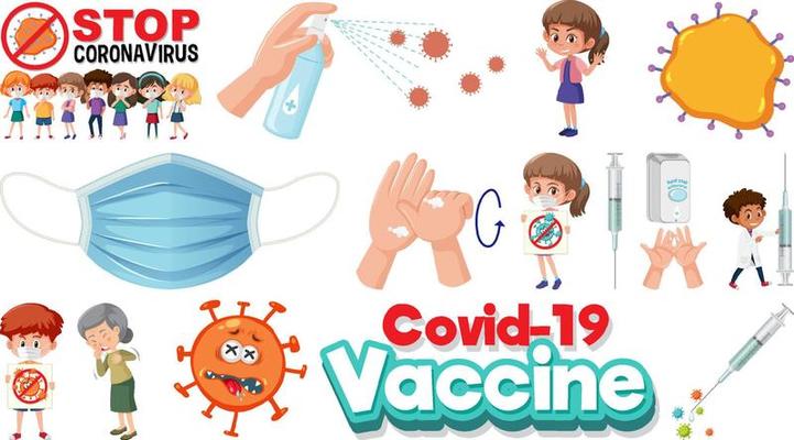 Cartoon character and Coronavirus vaccination isolated objects