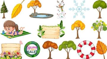 Set of four seasons trees and nature objects vector