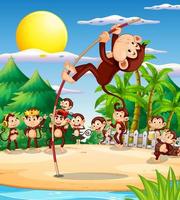 Outdoor park with little monkeys doing different activities vector