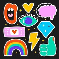 Modern trendy illustrations, stickers. Eye, mouth, brain, flash, like, diamond, rainbow. Bright colors. Social issues. Personal support. Mental health. vector