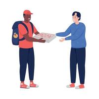 Courier giving pizza to buyer semi flat color vector characters