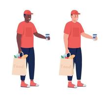 Delivery worker with food semi flat color vector character set