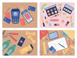 Tabletop with objects flat color vector illustration set