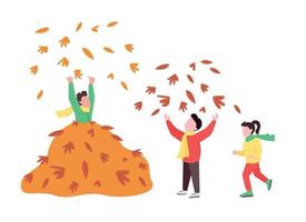 Children play with autumn leaves semi flat color vector characters