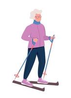 abuela esquiando carácter vectorial de color semiplano vector