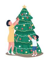 Mom and son decorating Xmas tree semi flat color vector characters