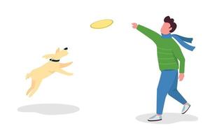 hombre jugando a buscar con perro carácter vectorial de color semiplano vector