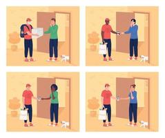 Morning delivery to door flat color vector illustration sets