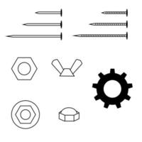 conjunto con diferentes iconos de clavo, tornillo y línea de engranaje. ilustración para el tema de la reparación, estilo garabato vector