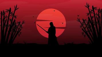 Samurai japanese landscape vintage vector silhouette