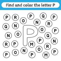 Learning worksheets for kids, find and color letters. Educational game to recognize the shape of the alphabet. Letter P. vector