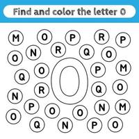 Learning worksheets for kids, find and color letters. Educational game to recognize the shape of the alphabet. Letter O. vector