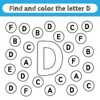 Learning worksheets for kids, find and color letters. Educational game to recognize the shape of the alphabet. Letter D. vector