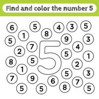 Learning worksheets for kids, find and color numbers. Educational game to recognize the shape of the number 5. vector