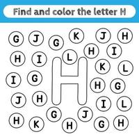 hojas de trabajo de aprendizaje para niños, encontrar y colorear letras. juego educativo para reconocer la forma del alfabeto. letra h. vector