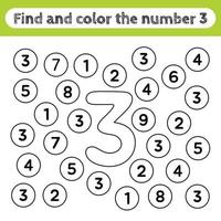 Learning worksheets for kids, find and color numbers. Educational game to recognize the shape of the number 3. vector
