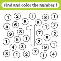 Learning worksheets for kids, find and color numbers. Educational game to recognize the shape of the number 1. vector
