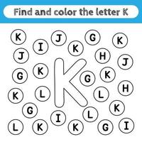 Learning worksheets for kids, find and color letters. Educational game to recognize the shape of the alphabet. Letter K. vector