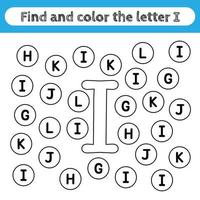 Learning worksheets for kids, find and color letters. Educational game to recognize the shape of the alphabet. Letter I. vector