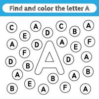 Learning worksheets for kids, find and color letters. Educational game to recognize the shape of the alphabet. Letter A.