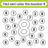 Learning worksheets for kids, find and color numbers. Educational game to recognize the shape of the number 8. vector