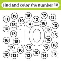 hojas de trabajo de aprendizaje para niños, encontrar y colorear números. juego educativo para reconocer la forma del número 10. vector