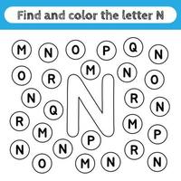 Learning worksheets for kids, find and color letters. Educational game to recognize the shape of the alphabet. Letter N. vector