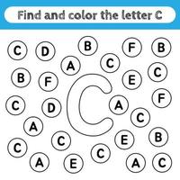 Learning worksheets for kids, find and color letters. Educational game to recognize the shape of the alphabet. Letter C.