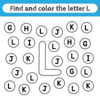 Learning worksheets for kids, find and color letters. Educational game to recognize the shape of the alphabet. Letter L. vector