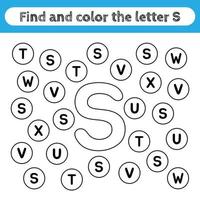 Learning worksheets for kids, find and color letters. Educational game to recognize the shape of the alphabet. Letter S. vector