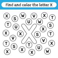 hojas de trabajo de aprendizaje para niños, encontrar y colorear letras. juego educativo para reconocer la forma del alfabeto. letra x. vector