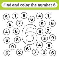 Learning worksheets for kids, find and color numbers. Educational game to recognize the shape of the number 6.