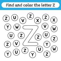 Learning worksheets for kids, find and color letters. Educational game to recognize the shape of the alphabet. Letter Z. vector