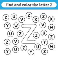 Learning worksheets for kids, find and color letters. Educational game to recognize the shape of the alphabet. Letter Z. vector