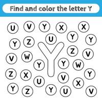 Learning worksheets for kids, find and color letters. Educational game to recognize the shape of the alphabet. Letter Y. vector