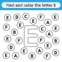 Learning worksheets for kids, find and color letters. Educational game to recognize the shape of the alphabet. Letter E. vector