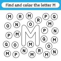 Learning worksheets for kids, find and color letters. Educational game to recognize the shape of the alphabet. Letter M. vector