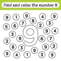 hojas de trabajo de aprendizaje para niños, encontrar y colorear números. juego educativo para reconocer la forma del número 9. vector