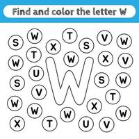 Learning worksheets for kids, find and color letters. Educational game to recognize the shape of the alphabet. Letter W.