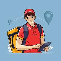 Male courier looking for house and holding tablet illustration free download