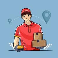 Male courier holding out cardboard delivery package and credit card payment illustration free download