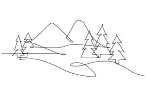 Mountain landscape drawn in one line. Continuous line. Minimalistic Travels graphics. Mountains and spruce vector