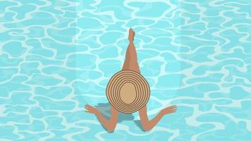 mujer con sombrero elegante sentarse en la piscina. vector